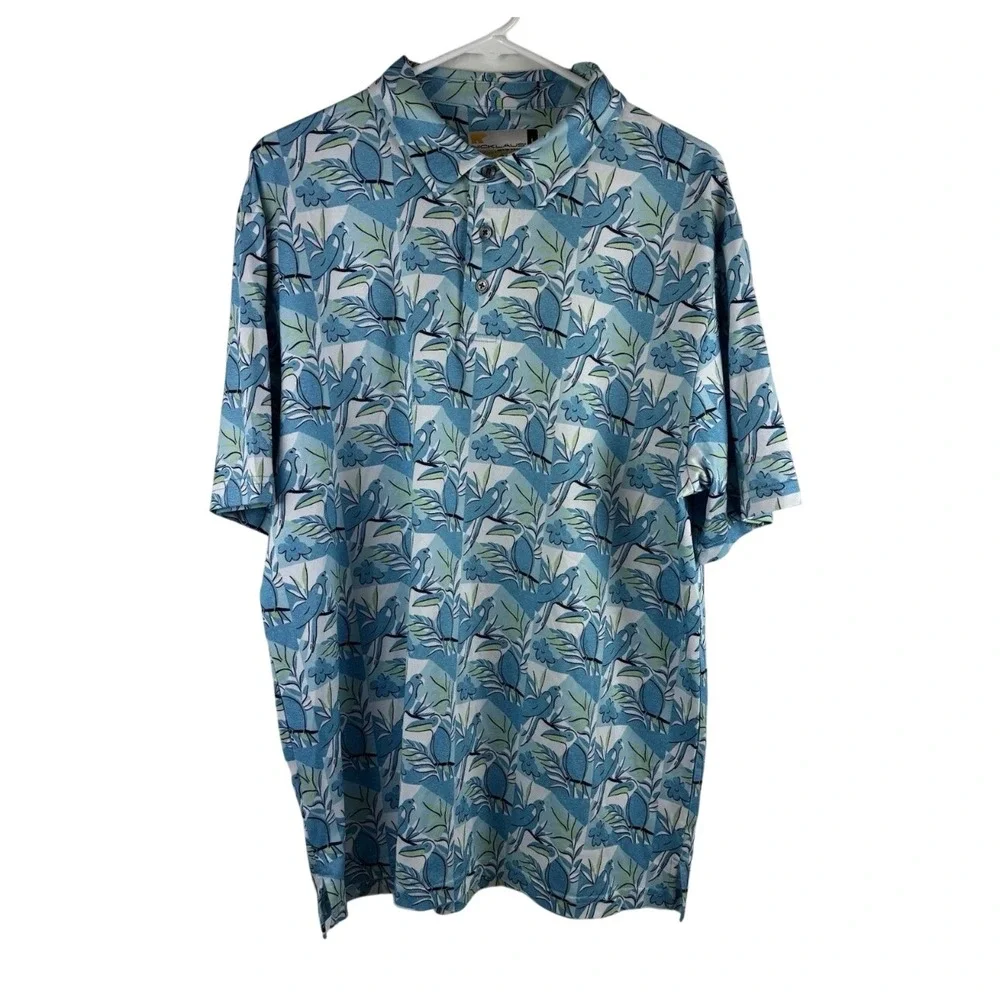 Nicklaus Polo Shirt Mens Large Blue Tropical Bird Floral Print Eco Stretch Golf